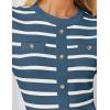 ZESICA Womens Long Sleeve Striped Midi Dresses Crewneck Button Ribbed Knit Pleated A Line Swing Sweater Dress(Dark Blue)