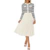 ZESICA Womens Long Sleeve Striped Midi Dresses Crewneck Button Ribbed Knit Pleated A Line Swing Sweater Dress(Apricot)