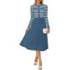 ZESICA Womens Long Sleeve Striped Midi Dresses Crewneck Button Ribbed Knit Pleated A Line Swing Sweater Dress(Dark Blue)