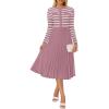 ZESICA Womens Long Sleeve Striped Midi Dresses Crewneck Button Ribbed Knit Pleated A Line Swing Sweater Dress(Purple)