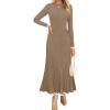 ZESICA Women’s Long Sleeve Sweater Dress Fall 2026 Crewneck Ribbed Knit Pleated A-Line Maxi Wedding Guest Dresses(Khaki)