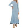 ZESICA Women’s Long Sleeve Sweater Dress Fall 2026 Crewneck Ribbed Knit Pleated A-Line Maxi Wedding Guest Dresses(Light Blue)