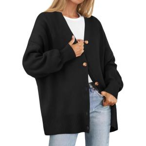 ZESICA Women’s 2026 Fall Casual Long Sleeve Cardigan V Neck Button Down Open Front Knit Loose Oversized Sweater Coat(Black)