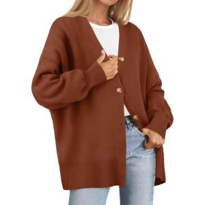 ZESICA Women’s 2026 Fall Casual Long Sleeve Cardigan V Neck Button Down Open Front Knit Loose Oversized Sweater Coat(Caramel)