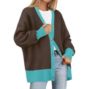 ZESICA Women’s 2026 Fall Casual Long Sleeve Cardigan V Neck Button Down Open Front Knit Loose Oversized Sweater Coat(Coffee)