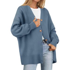 ZESICA Women’s 2026 Fall Casual Long Sleeve Cardigan V Neck Button Down Open Front Knit Loose Oversized Sweater Coat(Dustyblue)