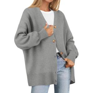 ZESICA Women’s 2026 Fall Casual Long Sleeve Cardigan V Neck Button Down Open Front Knit Loose Oversized Sweater Coat(Grey)