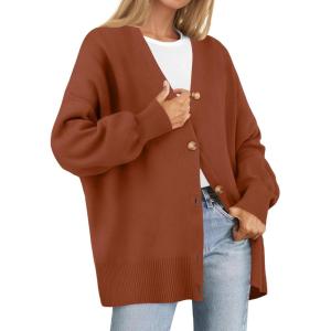 ZESICA Women’s 2026 Fall Casual Long Sleeve Cardigan V Neck Button Down Open Front Knit Loose Oversized Sweater Coat(Rust)