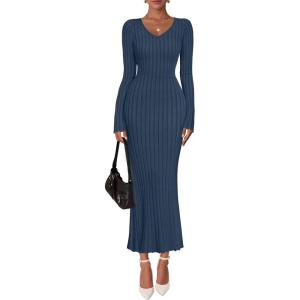 ZESICA Women’s 2026 Spring Sweater Dress Long Sleeve V Neck Ribbed Knit Party Cocktail Bodycon Maxi Dresses(Dustyblue)