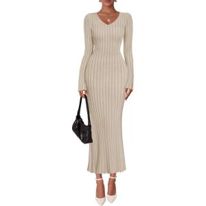ZESICA Women’s 2026 Spring Sweater Dress Long Sleeve V Neck Ribbed Knit Party Cocktail Bodycon Maxi Dresses(Sand)