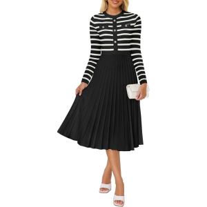 ZESICA Womens Long Sleeve Striped Midi Dresses Crewneck Button Ribbed Knit Pleated A Line Swing Sweater Dress(Black)
