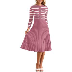 ZESICA Womens Long Sleeve Striped Midi Dresses Crewneck Button Ribbed Knit Pleated A Line Swing Sweater Dress(Lilac)