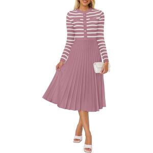 ZESICA Womens Long Sleeve Striped Midi Dresses Crewneck Button Ribbed Knit Pleated A Line Swing Sweater Dress(Purple)