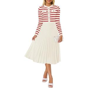 ZESICA Womens Long Sleeve Striped Midi Dresses Crewneck Button Ribbed Knit Pleated A Line Swing Sweater Dress(Red)