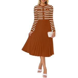 ZESICA Womens Long Sleeve Striped Midi Dresses Crewneck Button Ribbed Knit Pleated A Line Swing Sweater Dress(Rust)