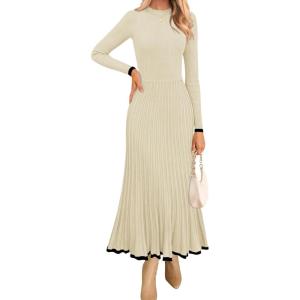 ZESICA Women’s Long Sleeve Sweater Dress Fall 2026 Crewneck Ribbed Knit Pleated A-Line Maxi Wedding Guest Dresses(Apricot)