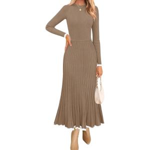 ZESICA Women’s Long Sleeve Sweater Dress Fall 2026 Crewneck Ribbed Knit Pleated A-Line Maxi Wedding Guest Dresses(Khaki)