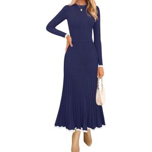 ZESICA Women’s Long Sleeve Sweater Dress Fall 2026 Crewneck Ribbed Knit Pleated A-Line Maxi Wedding Guest Dresses(Navy)