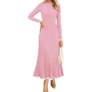 ZESICA Women’s Long Sleeve Sweater Dress Fall 2026 Crewneck Ribbed Knit Pleated A-Line Maxi Wedding Guest Dresses(Pink)
