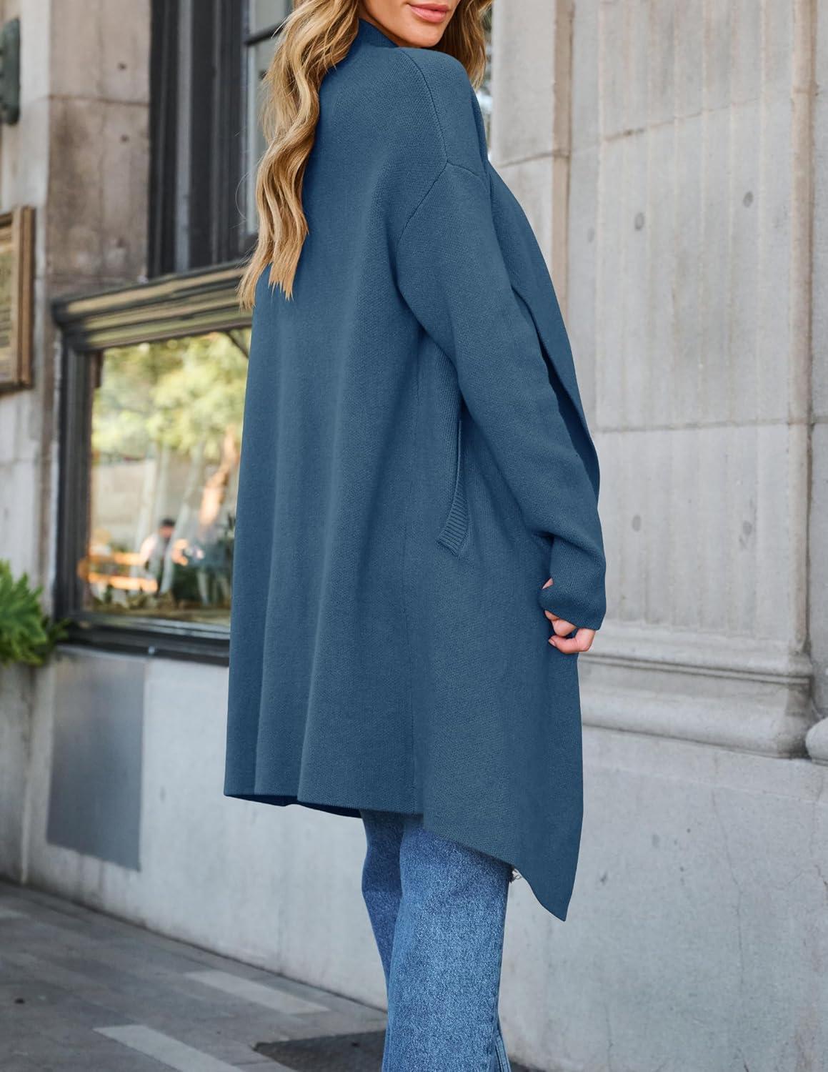 imageZESICA Womens Casual Lapel Cardigan Long Sleeve Open Front Irregular Hem Soft Knitted Sweater Coat with PocketsRoyalblue