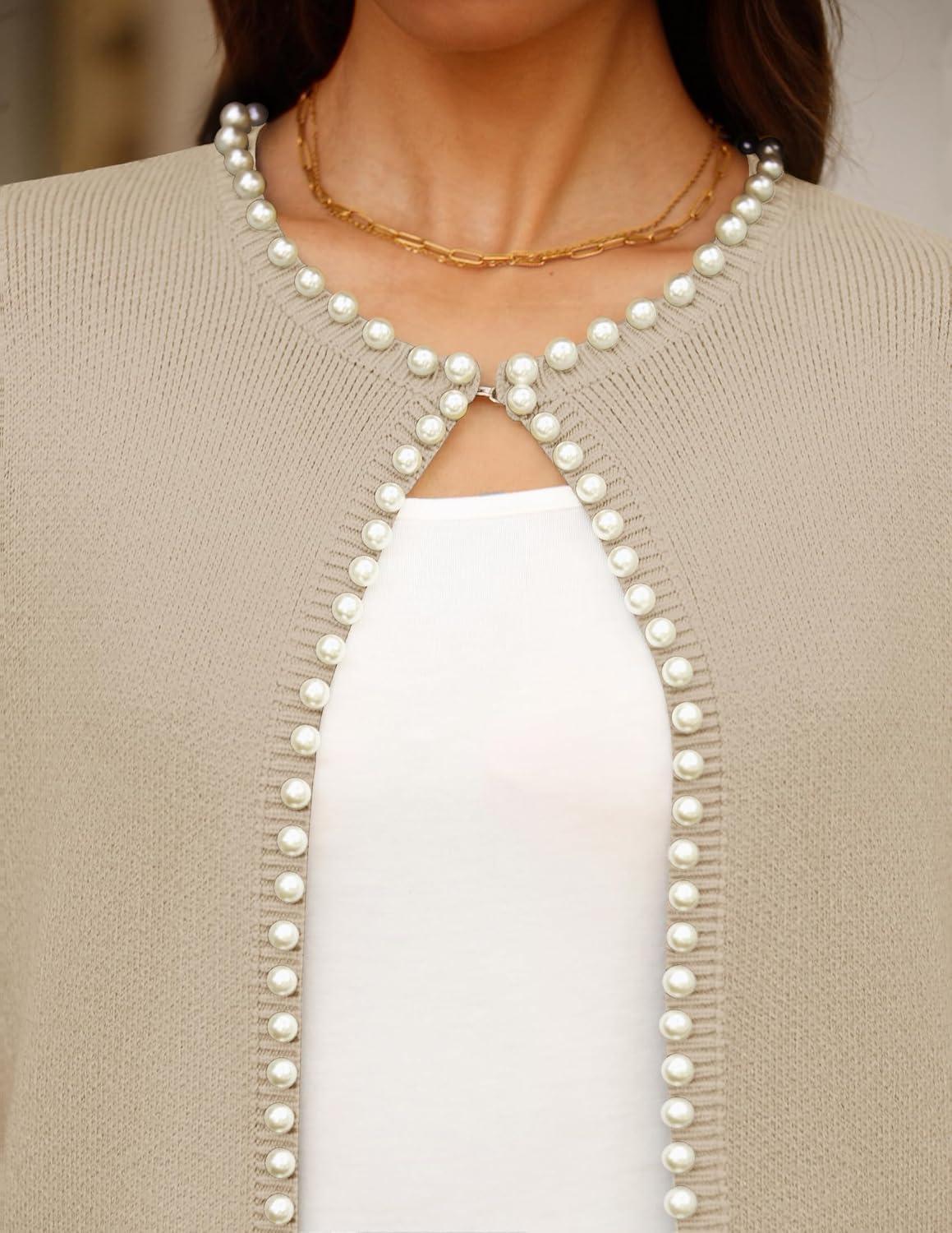 imageZESICA Womens Open Front Cardigan Sweater 2026 Spring Casual Knitted Long Sleeve Pearls Trim Outerwear Coat Trendy ClothesApricot