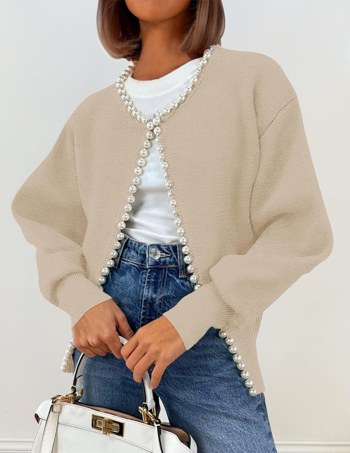 imageZESICA Womens Open Front Cardigan Sweater 2026 Spring Casual Knitted Long Sleeve Pearls Trim Outerwear Coat Trendy ClothesApricot
