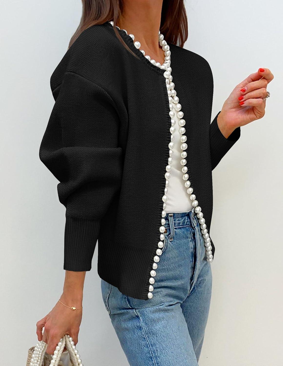 imageZESICA Womens Open Front Cardigan Sweater 2026 Spring Casual Knitted Long Sleeve Pearls Trim Outerwear Coat Trendy ClothesBlack