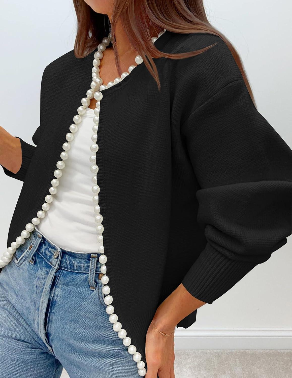 imageZESICA Womens Open Front Cardigan Sweater 2026 Spring Casual Knitted Long Sleeve Pearls Trim Outerwear Coat Trendy ClothesBlack