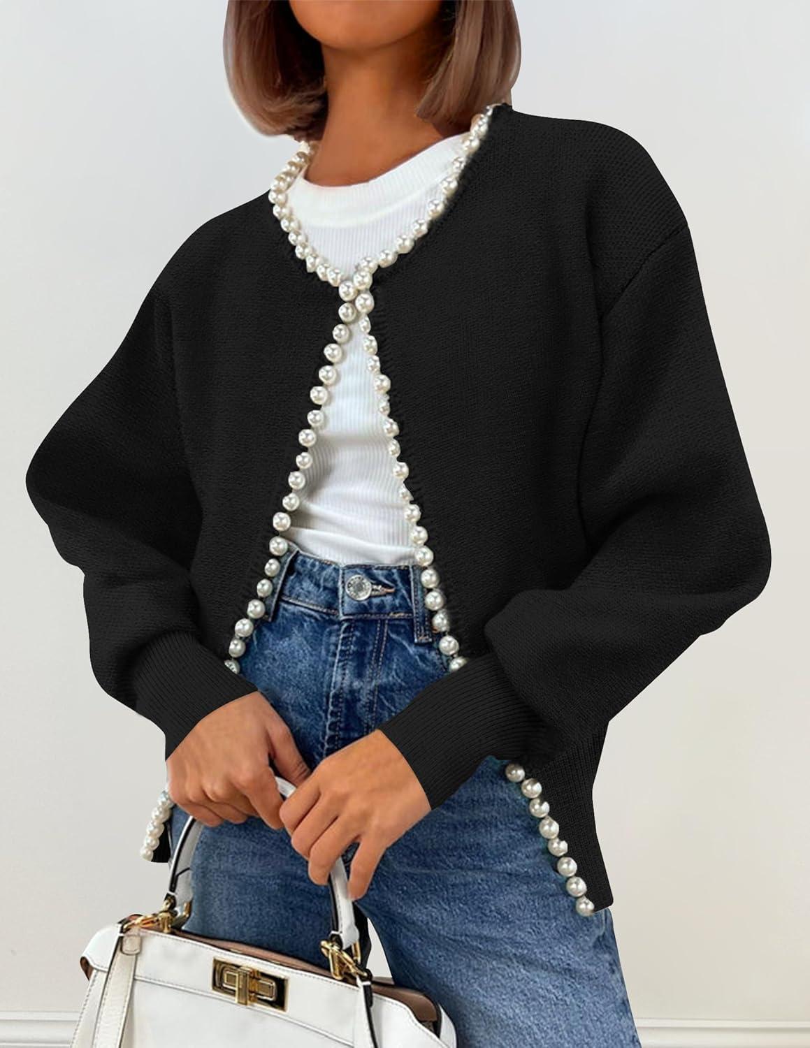 imageZESICA Womens Open Front Cardigan Sweater 2026 Spring Casual Knitted Long Sleeve Pearls Trim Outerwear Coat Trendy ClothesBlack