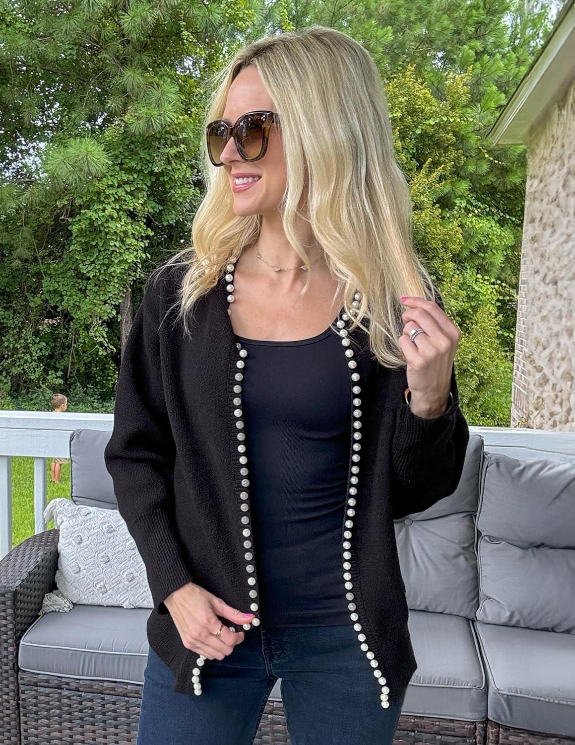 imageZESICA Womens Open Front Cardigan Sweater 2026 Spring Casual Knitted Long Sleeve Pearls Trim Outerwear Coat Trendy ClothesBlack