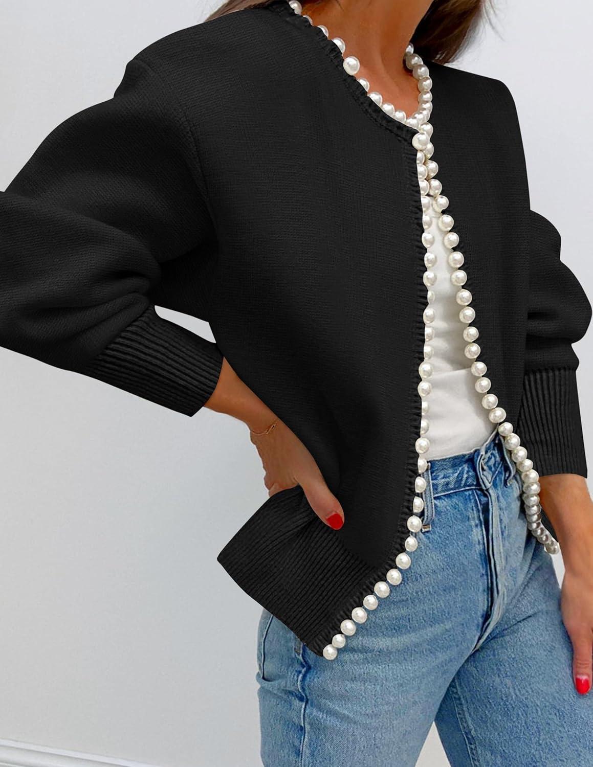 imageZESICA Womens Open Front Cardigan Sweater 2026 Spring Casual Knitted Long Sleeve Pearls Trim Outerwear Coat Trendy ClothesBlack