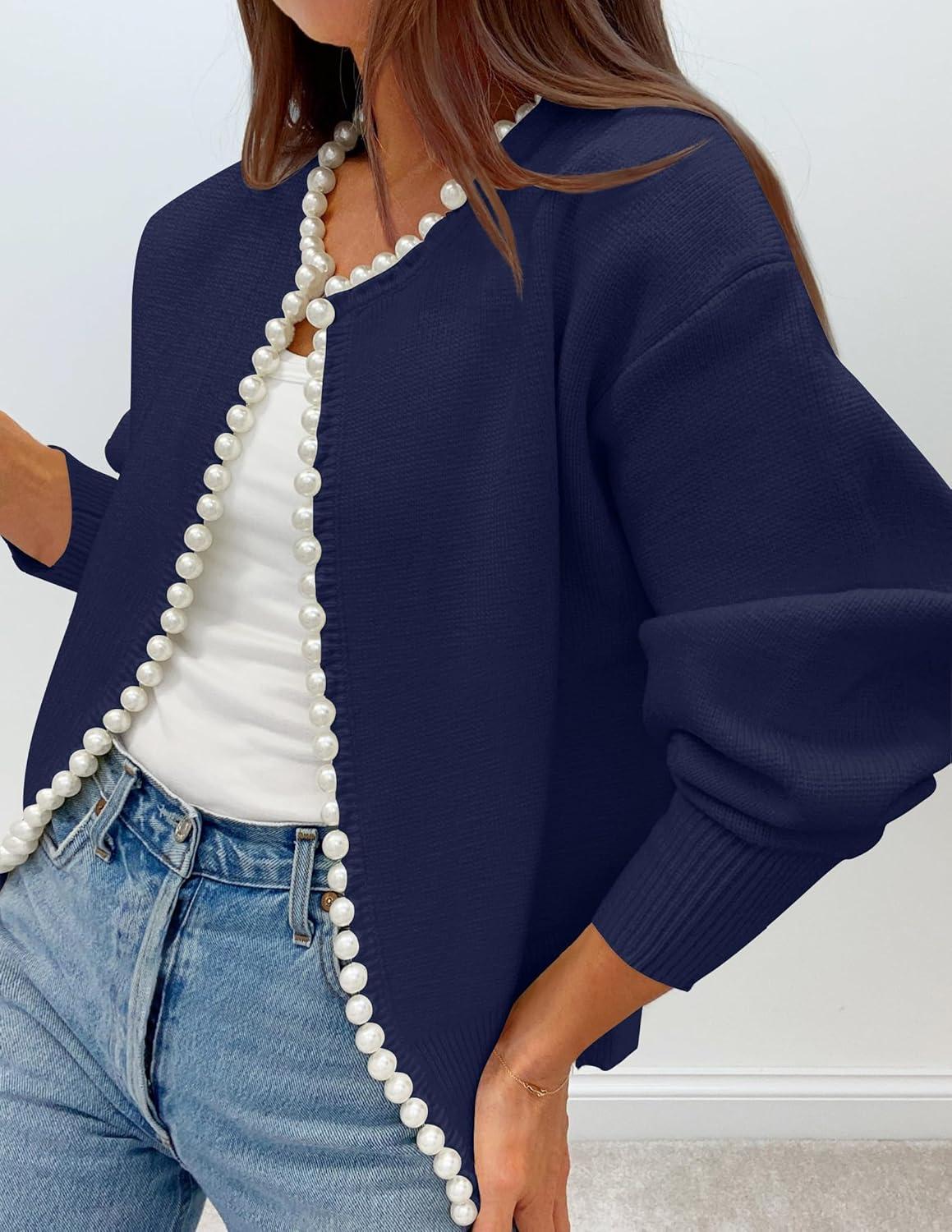 imageZESICA Womens Open Front Cardigan Sweater 2026 Spring Casual Knitted Long Sleeve Pearls Trim Outerwear Coat Trendy ClothesDark Purple