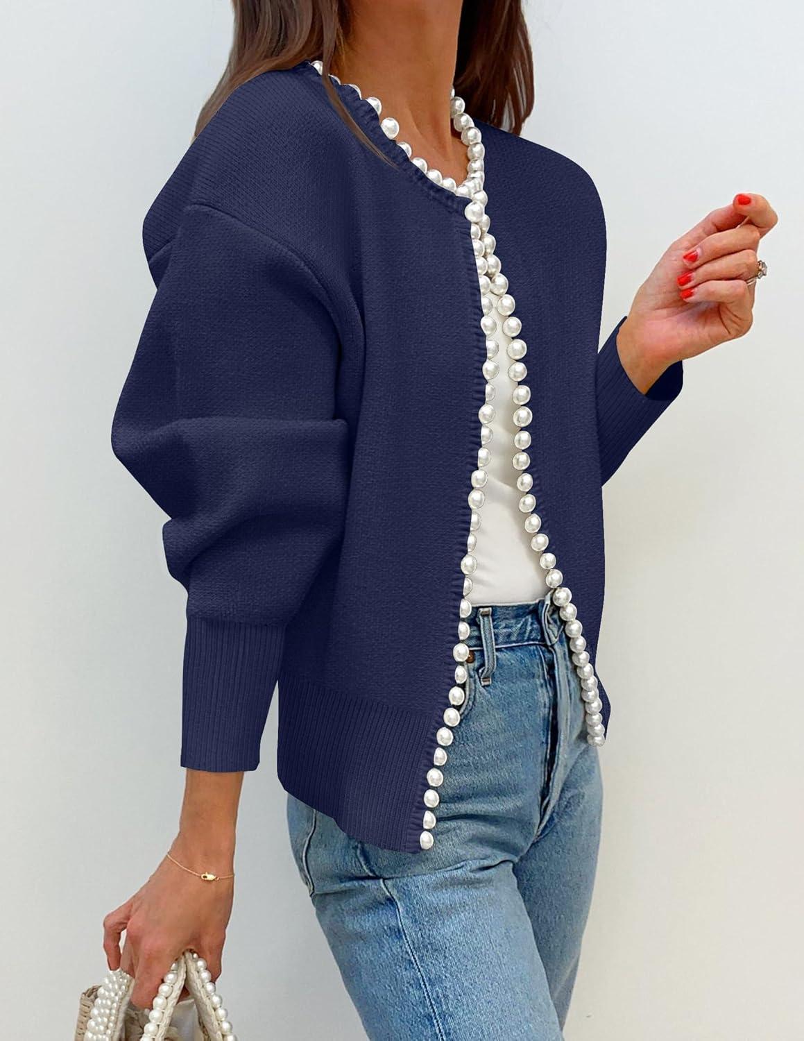 imageZESICA Womens Open Front Cardigan Sweater 2026 Spring Casual Knitted Long Sleeve Pearls Trim Outerwear Coat Trendy ClothesDark Purple