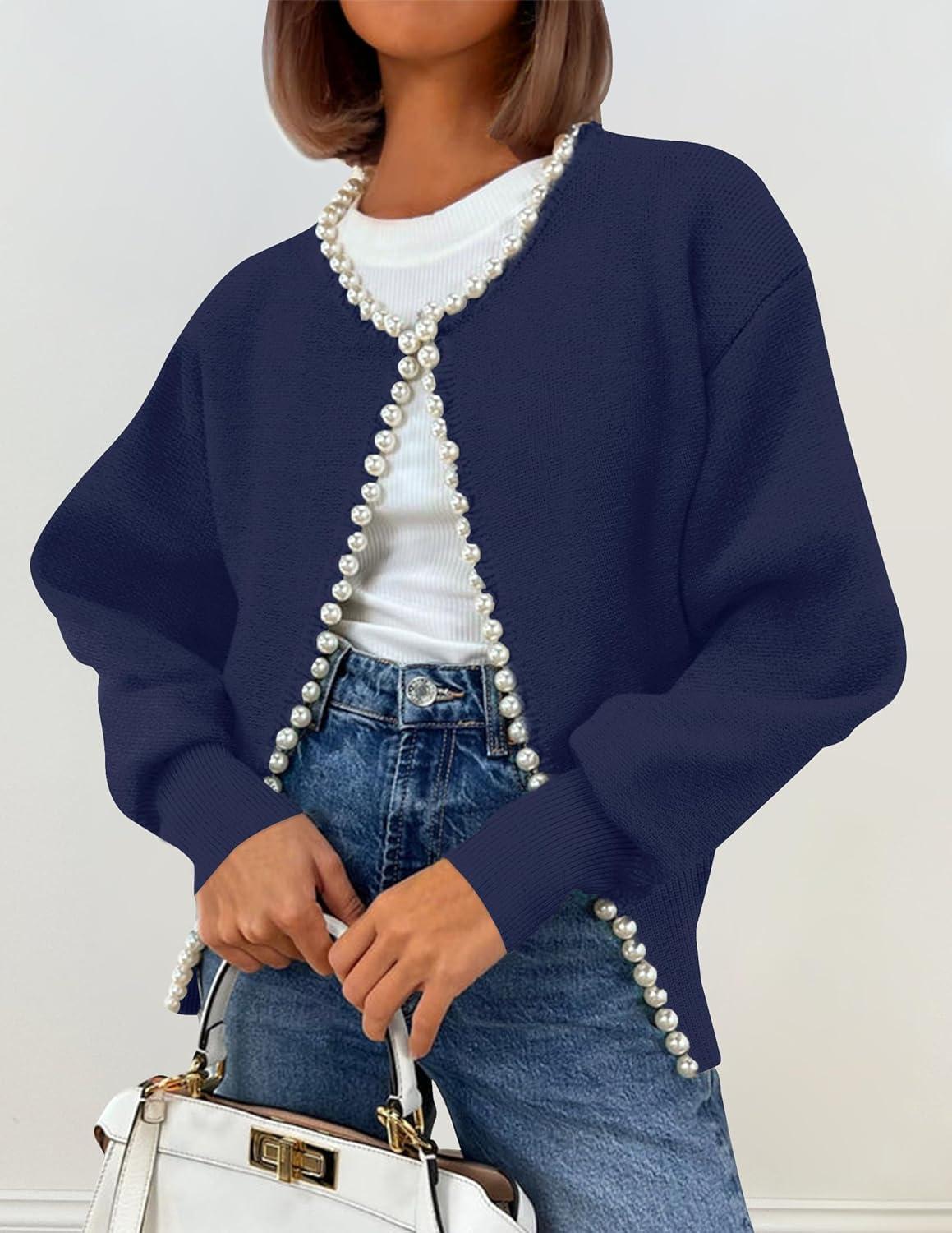 imageZESICA Womens Open Front Cardigan Sweater 2026 Spring Casual Knitted Long Sleeve Pearls Trim Outerwear Coat Trendy ClothesDark Purple