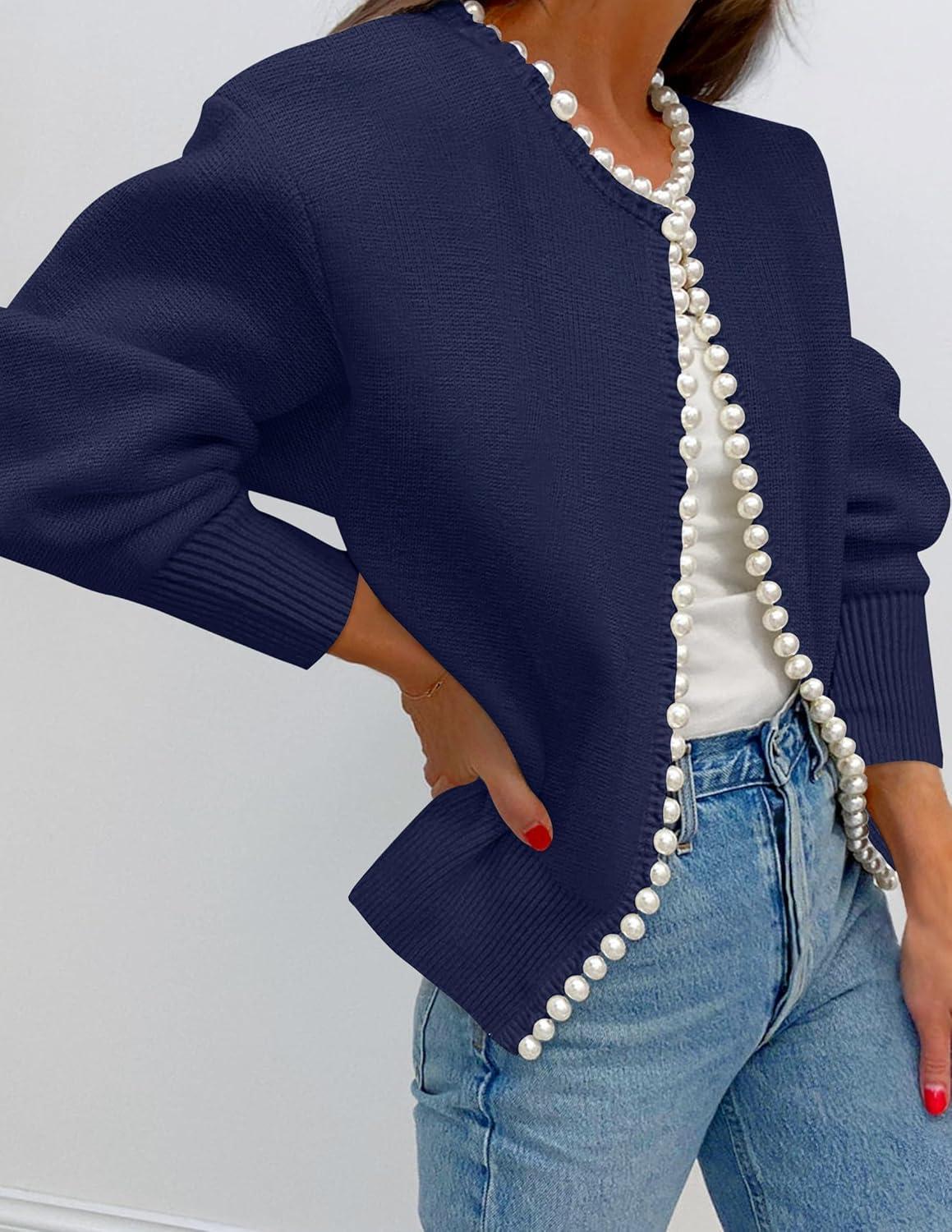 imageZESICA Womens Open Front Cardigan Sweater 2026 Spring Casual Knitted Long Sleeve Pearls Trim Outerwear Coat Trendy ClothesDark Purple