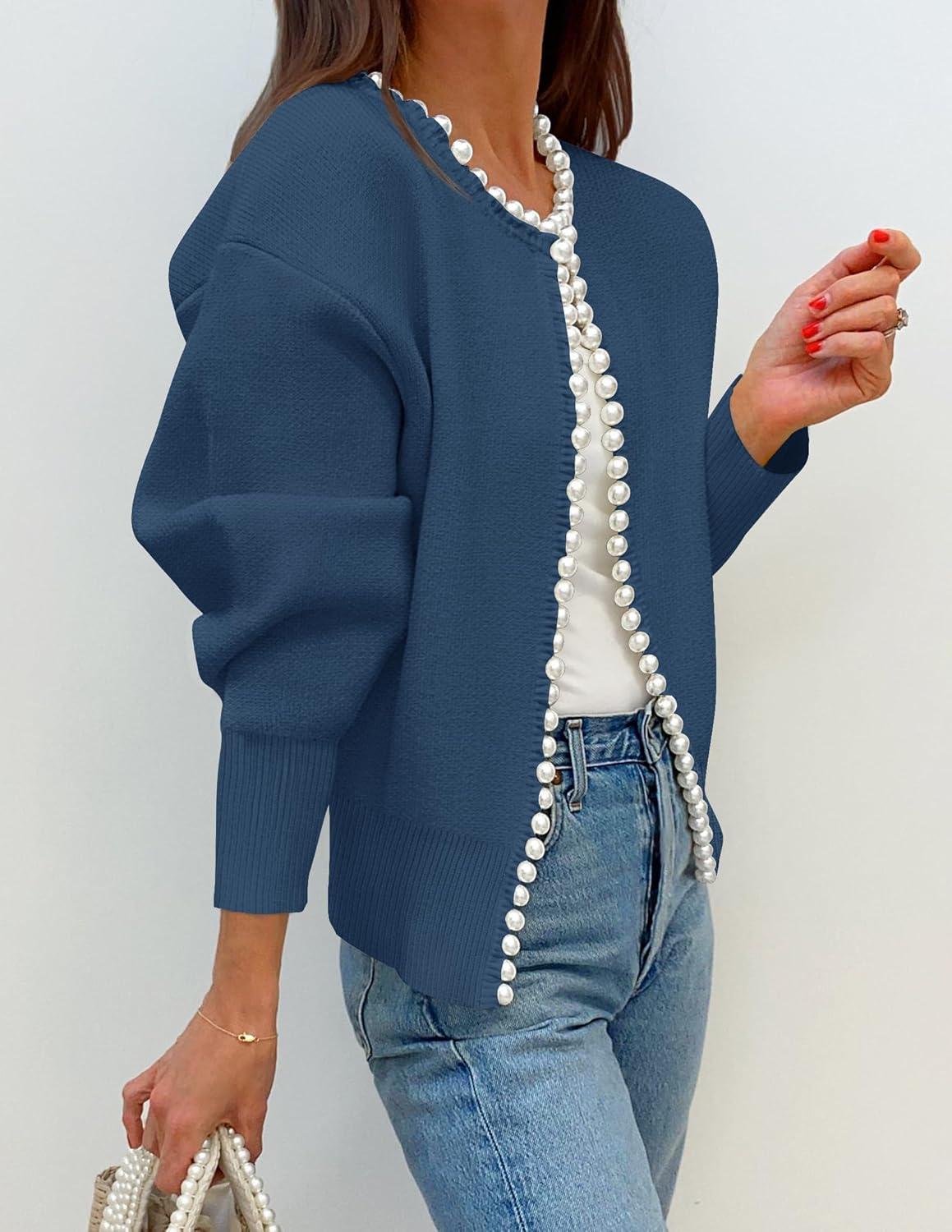 imageZESICA Womens Open Front Cardigan Sweater 2026 Spring Casual Knitted Long Sleeve Pearls Trim Outerwear Coat Trendy ClothesDarkblue