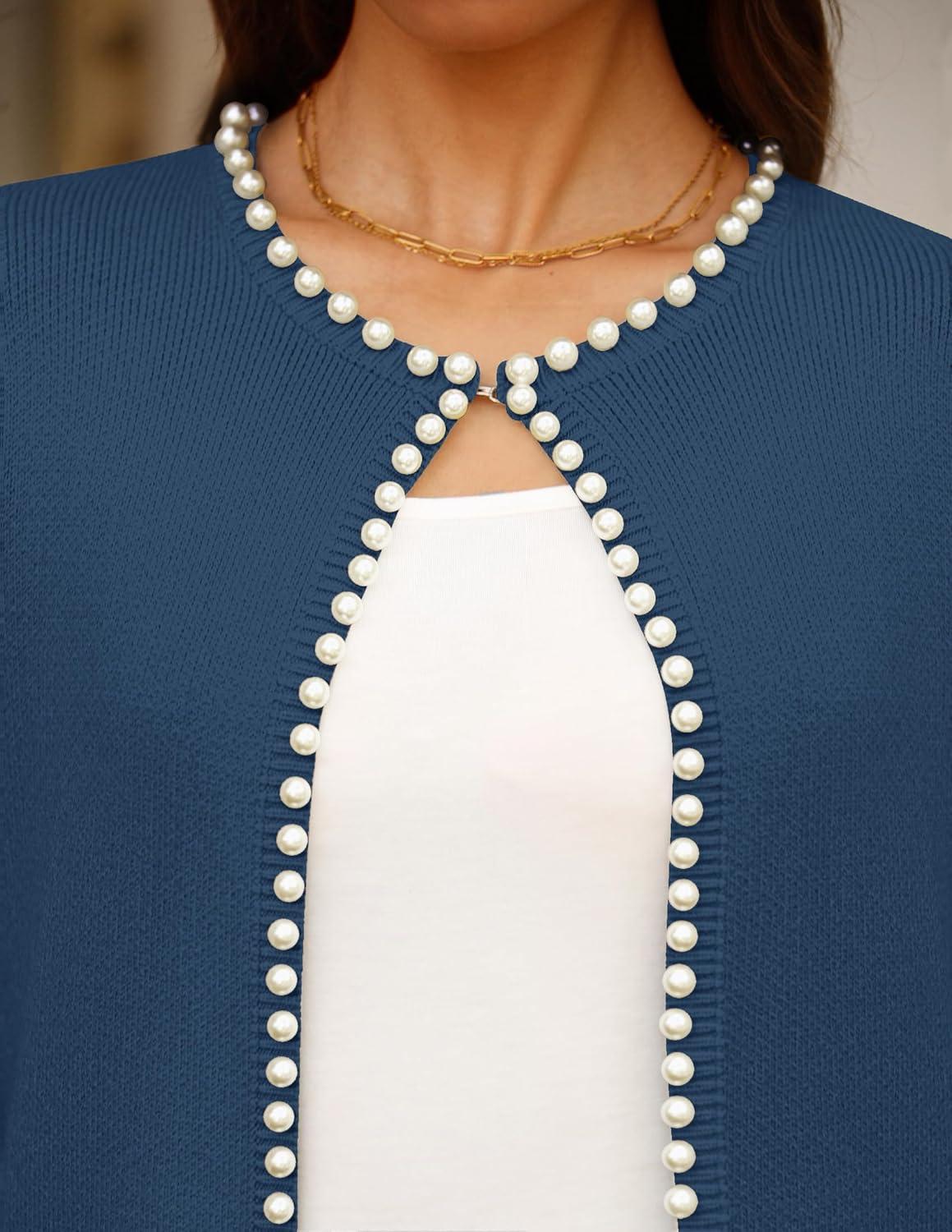 imageZESICA Womens Open Front Cardigan Sweater 2026 Spring Casual Knitted Long Sleeve Pearls Trim Outerwear Coat Trendy ClothesDarkblue