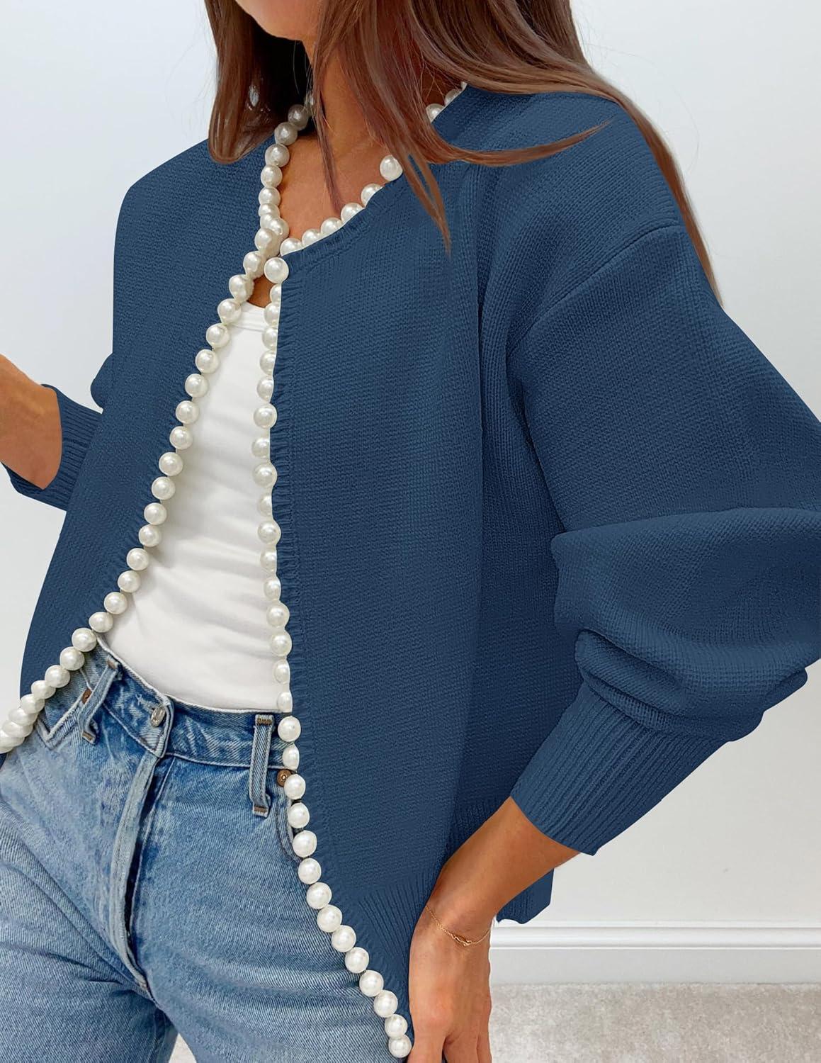 imageZESICA Womens Open Front Cardigan Sweater 2026 Spring Casual Knitted Long Sleeve Pearls Trim Outerwear Coat Trendy ClothesDarkblue