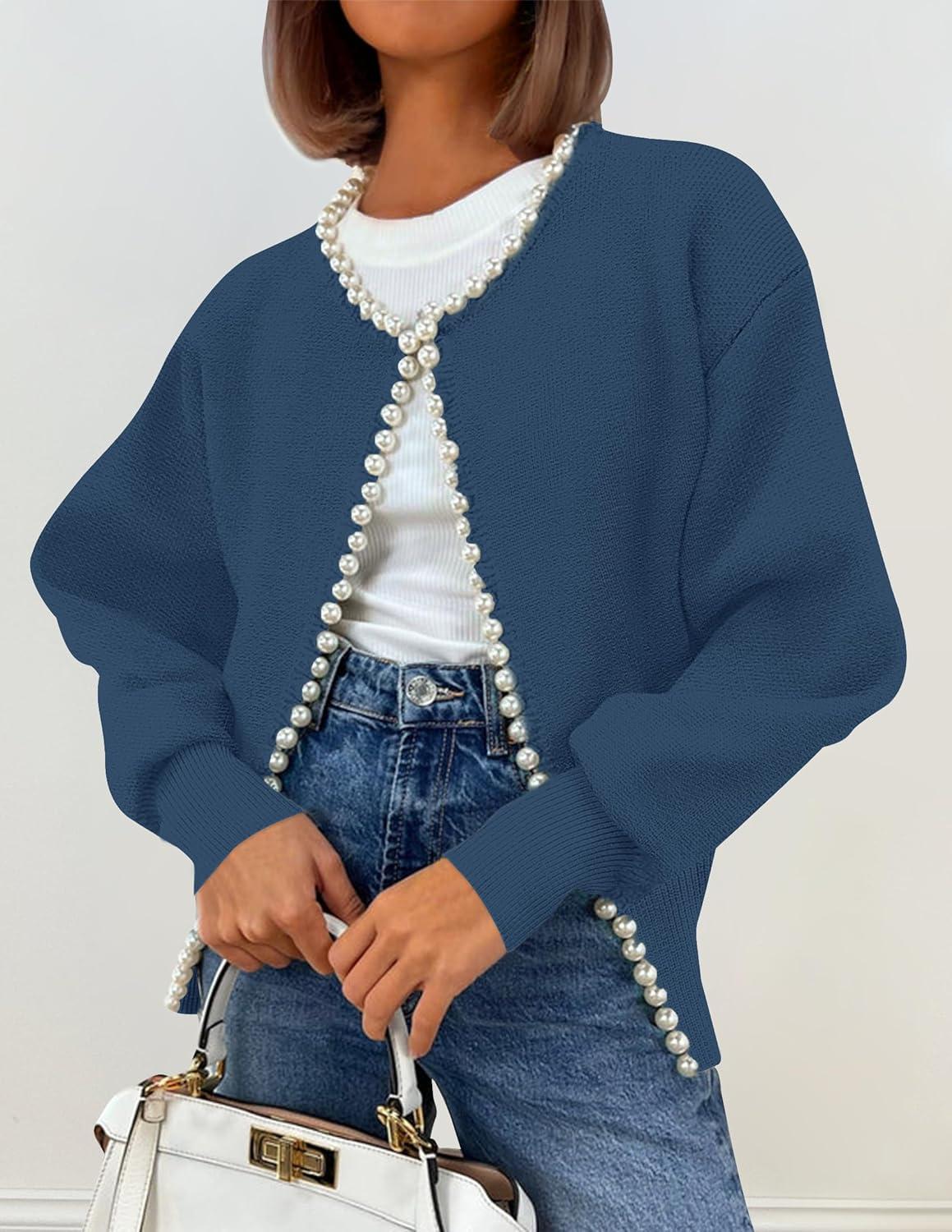 imageZESICA Womens Open Front Cardigan Sweater 2026 Spring Casual Knitted Long Sleeve Pearls Trim Outerwear Coat Trendy ClothesDarkblue