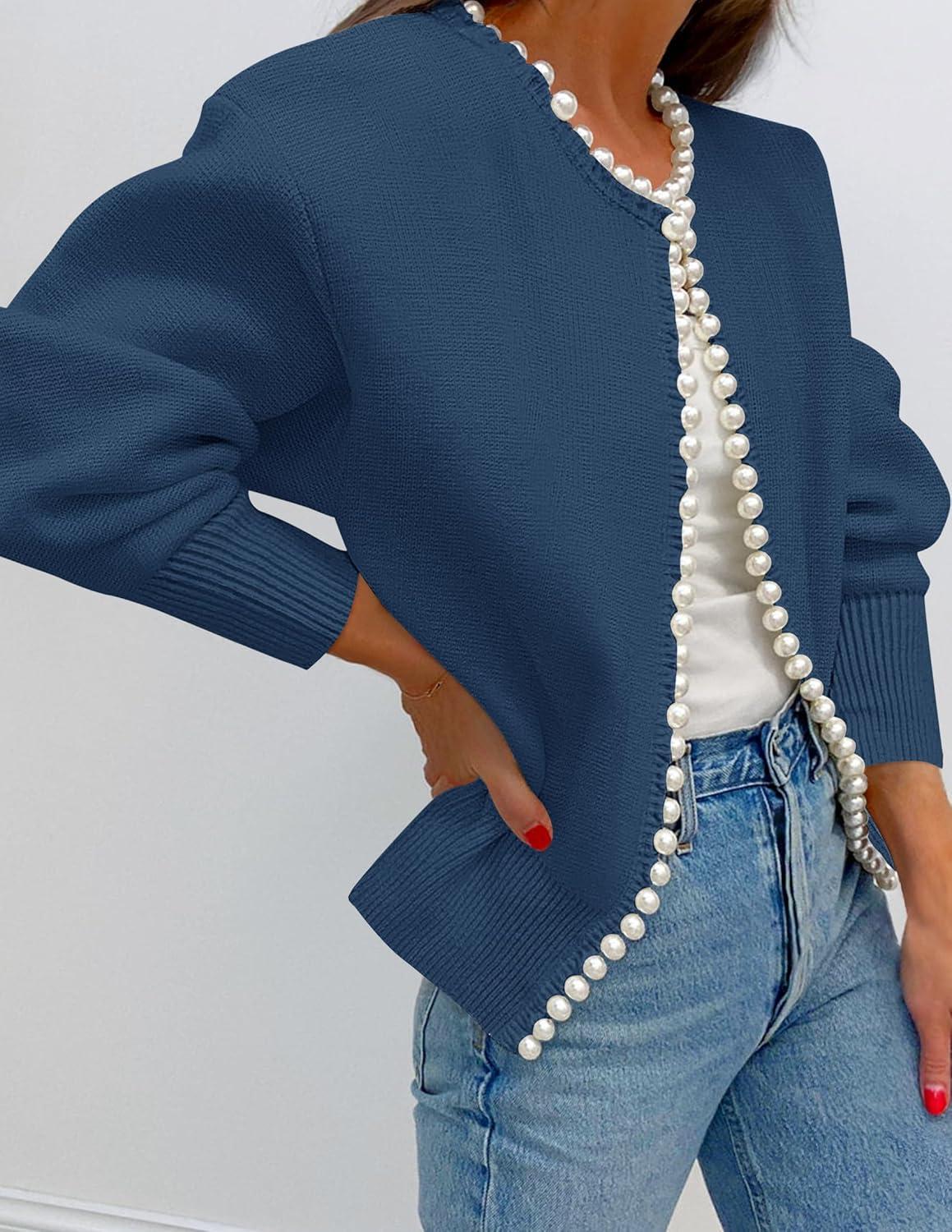 imageZESICA Womens Open Front Cardigan Sweater 2026 Spring Casual Knitted Long Sleeve Pearls Trim Outerwear Coat Trendy ClothesDarkblue