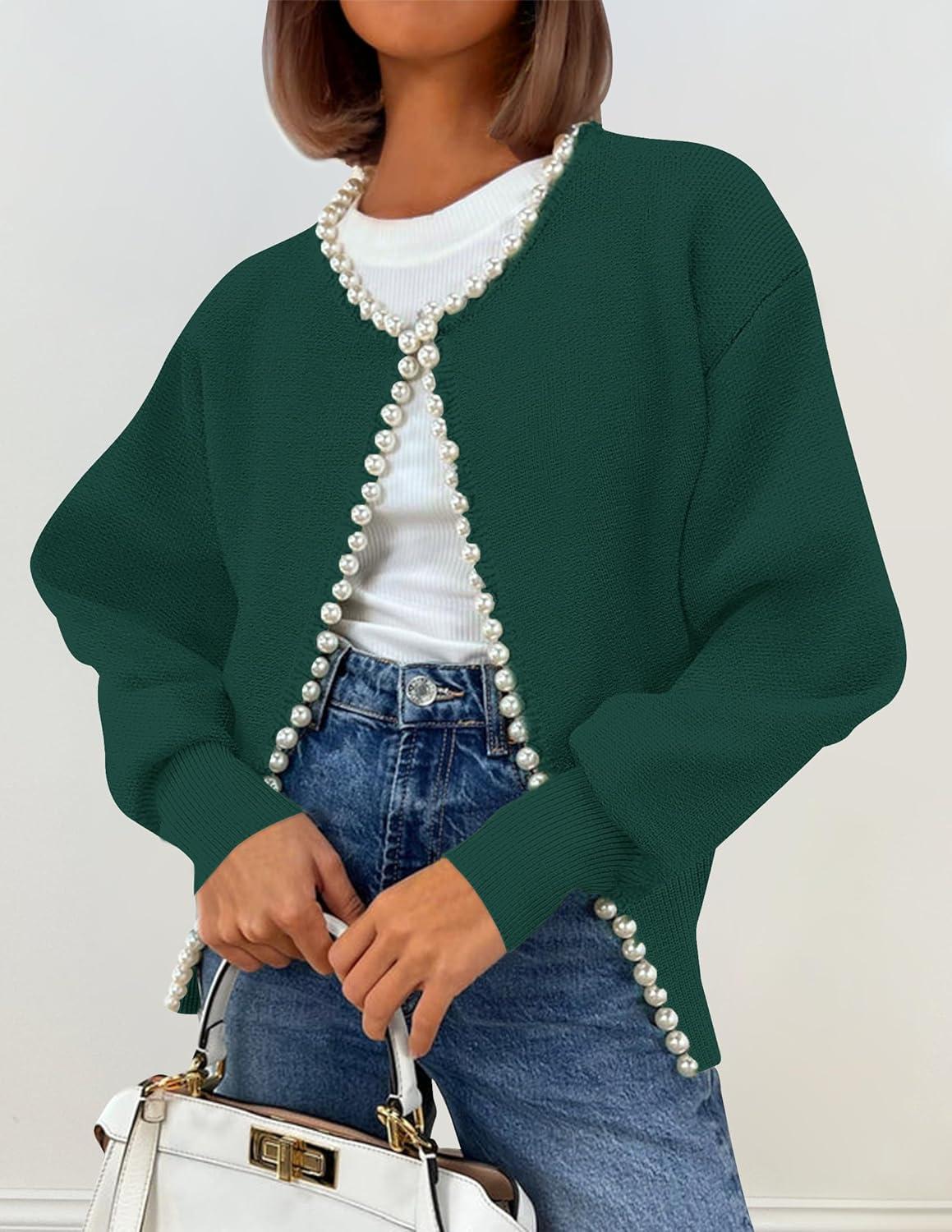 imageZESICA Womens Open Front Cardigan Sweater 2026 Spring Casual Knitted Long Sleeve Pearls Trim Outerwear Coat Trendy ClothesDarkgreen