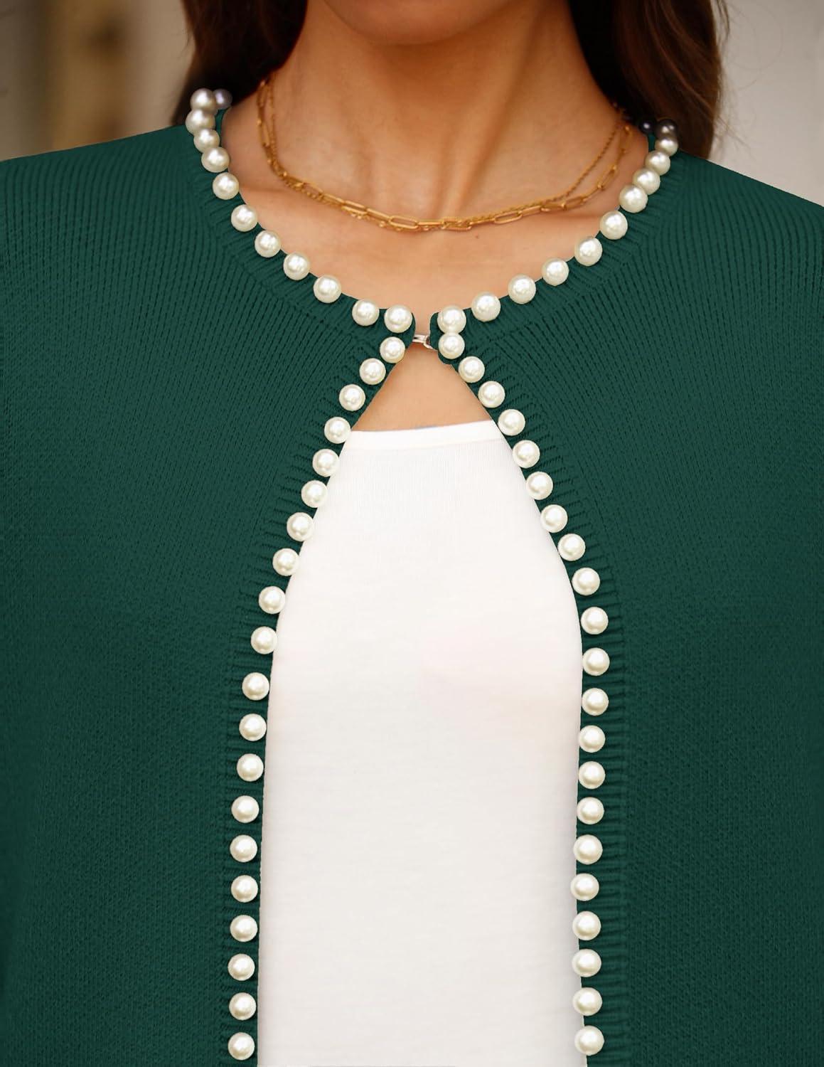 imageZESICA Womens Open Front Cardigan Sweater 2026 Spring Casual Knitted Long Sleeve Pearls Trim Outerwear Coat Trendy ClothesDarkgreen