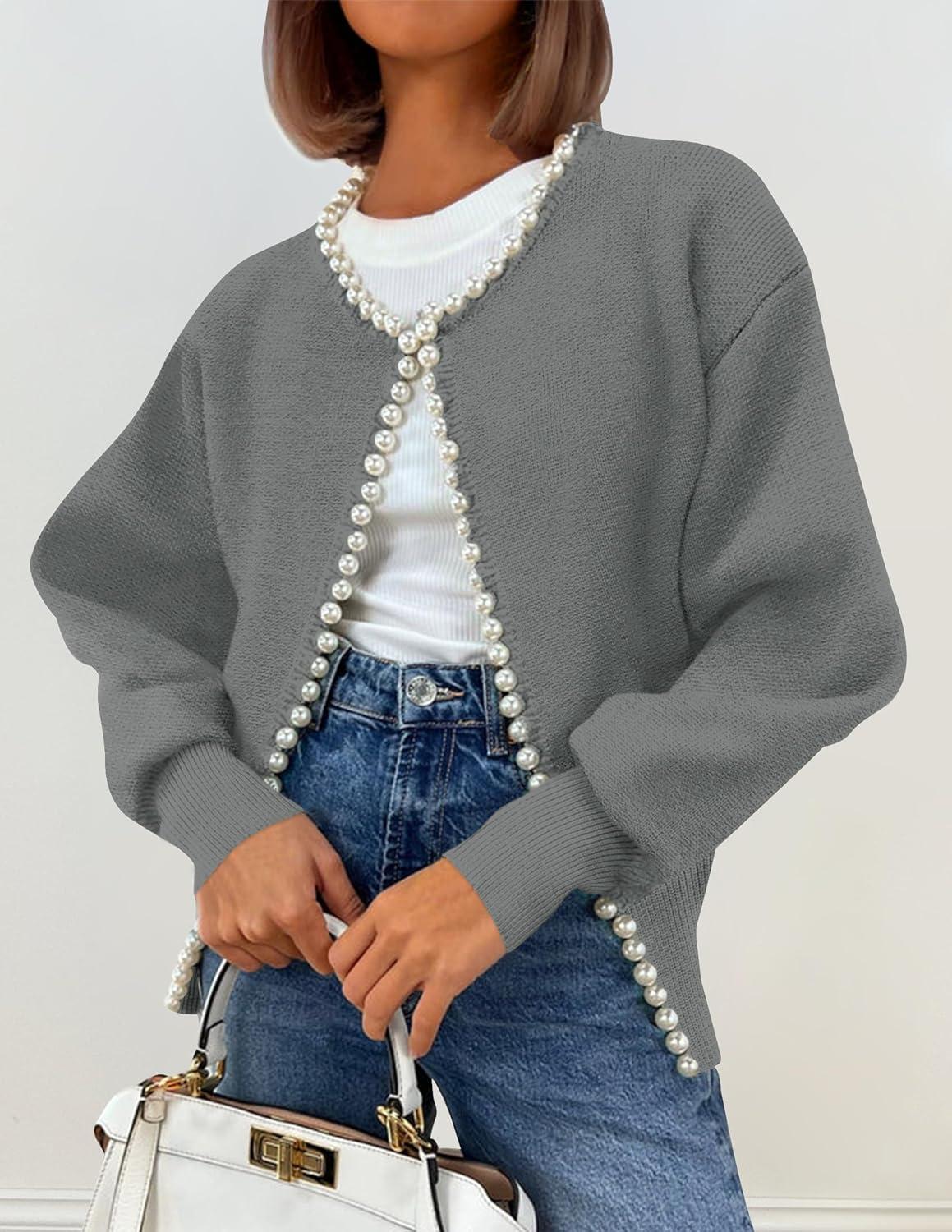 imageZESICA Womens Open Front Cardigan Sweater 2026 Spring Casual Knitted Long Sleeve Pearls Trim Outerwear Coat Trendy ClothesGrey