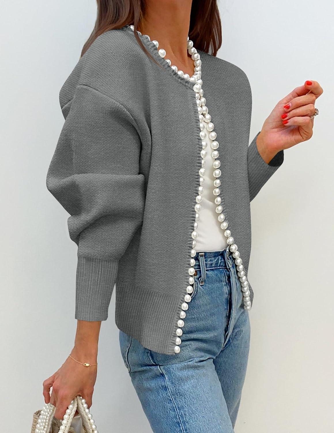imageZESICA Womens Open Front Cardigan Sweater 2026 Spring Casual Knitted Long Sleeve Pearls Trim Outerwear Coat Trendy ClothesGrey