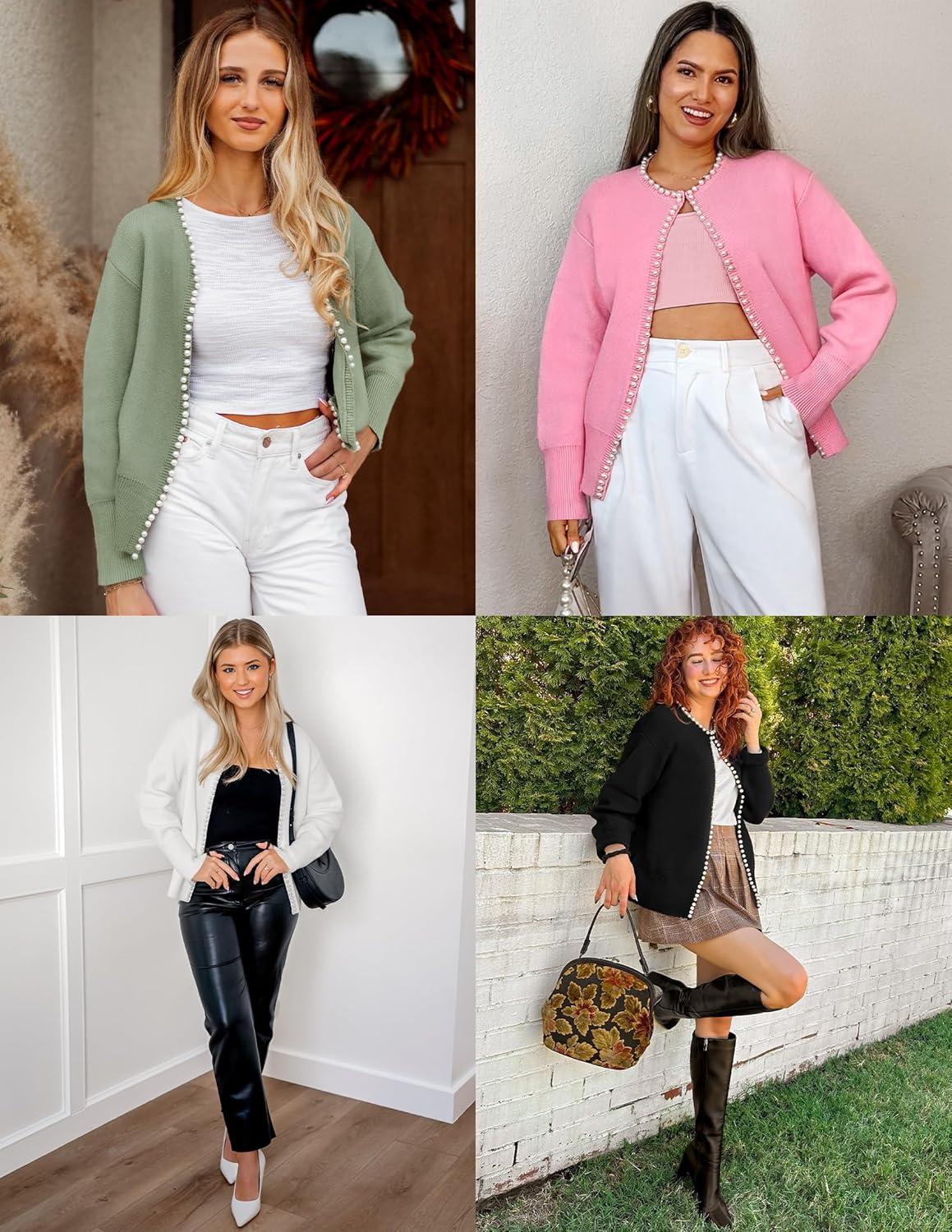 imageZESICA Womens Open Front Cardigan Sweater 2026 Spring Casual Knitted Long Sleeve Pearls Trim Outerwear Coat Trendy ClothesGrey