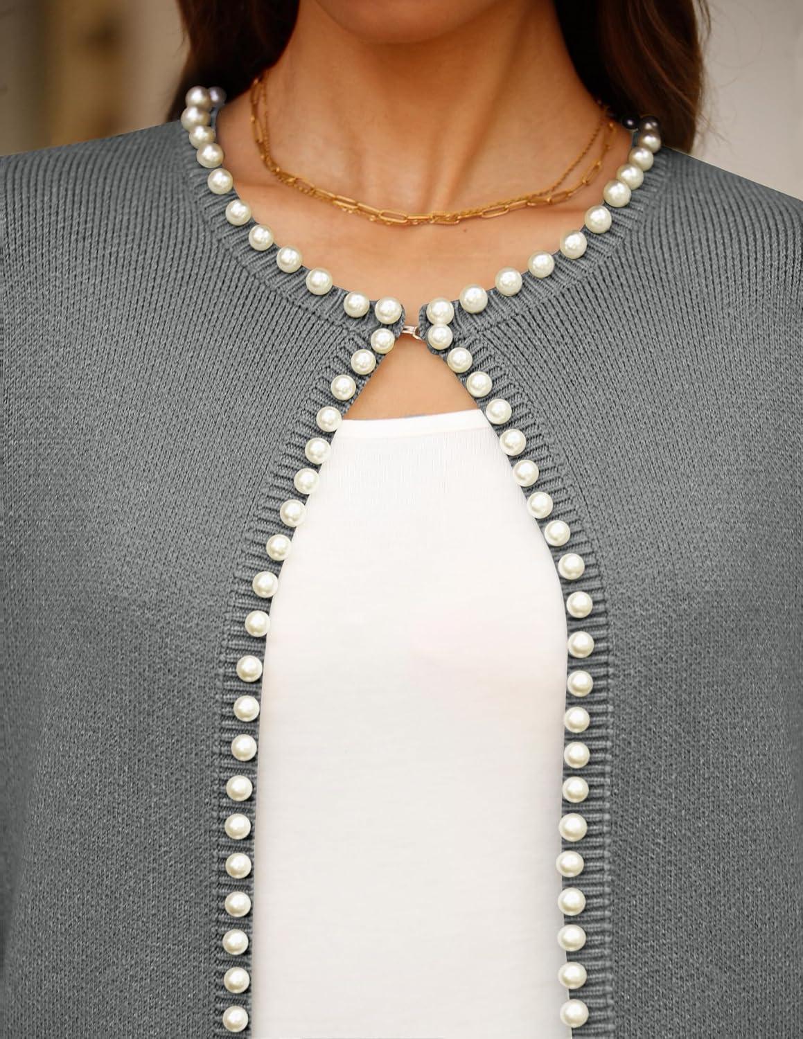 imageZESICA Womens Open Front Cardigan Sweater 2026 Spring Casual Knitted Long Sleeve Pearls Trim Outerwear Coat Trendy ClothesGrey