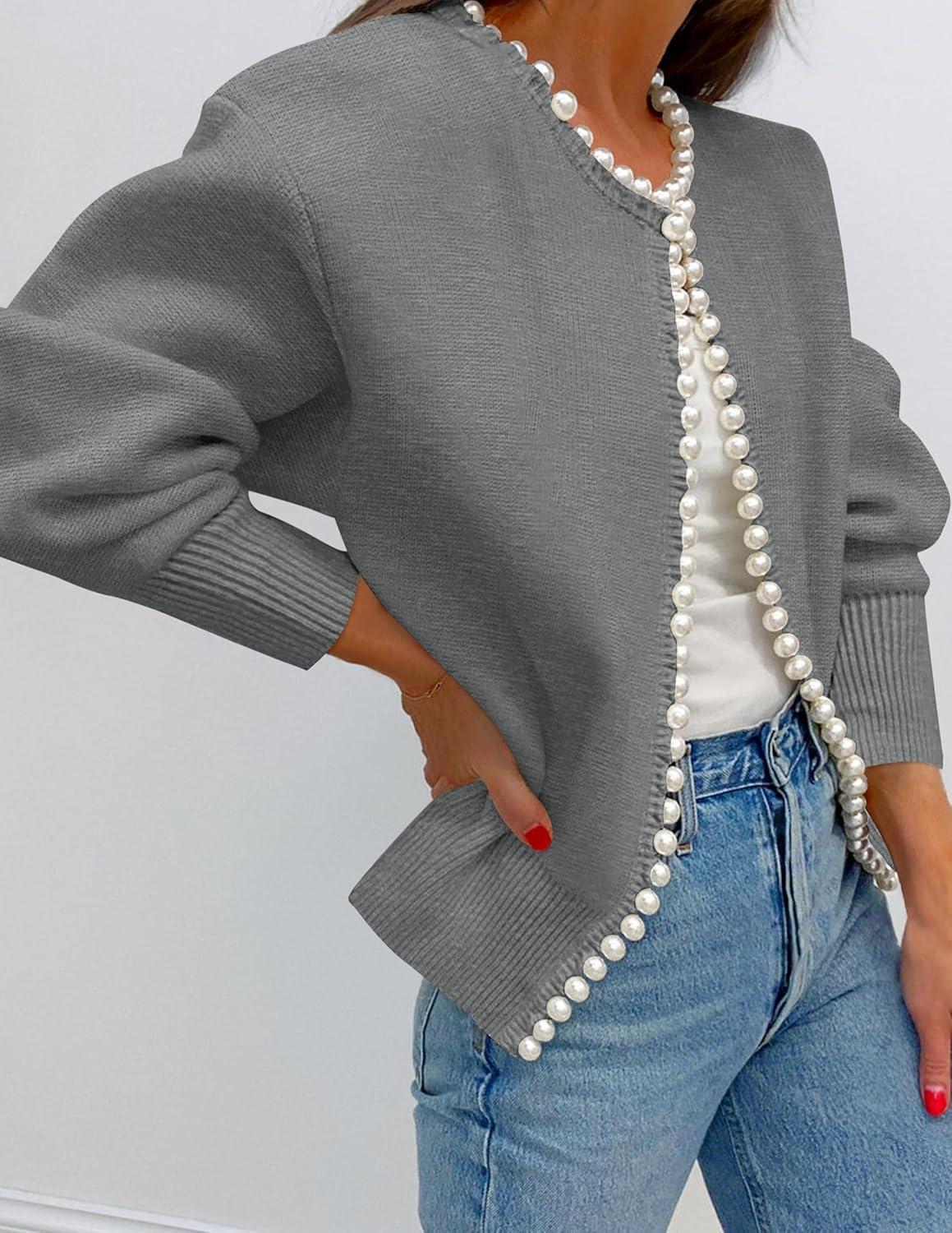 imageZESICA Womens Open Front Cardigan Sweater 2026 Spring Casual Knitted Long Sleeve Pearls Trim Outerwear Coat Trendy ClothesGrey