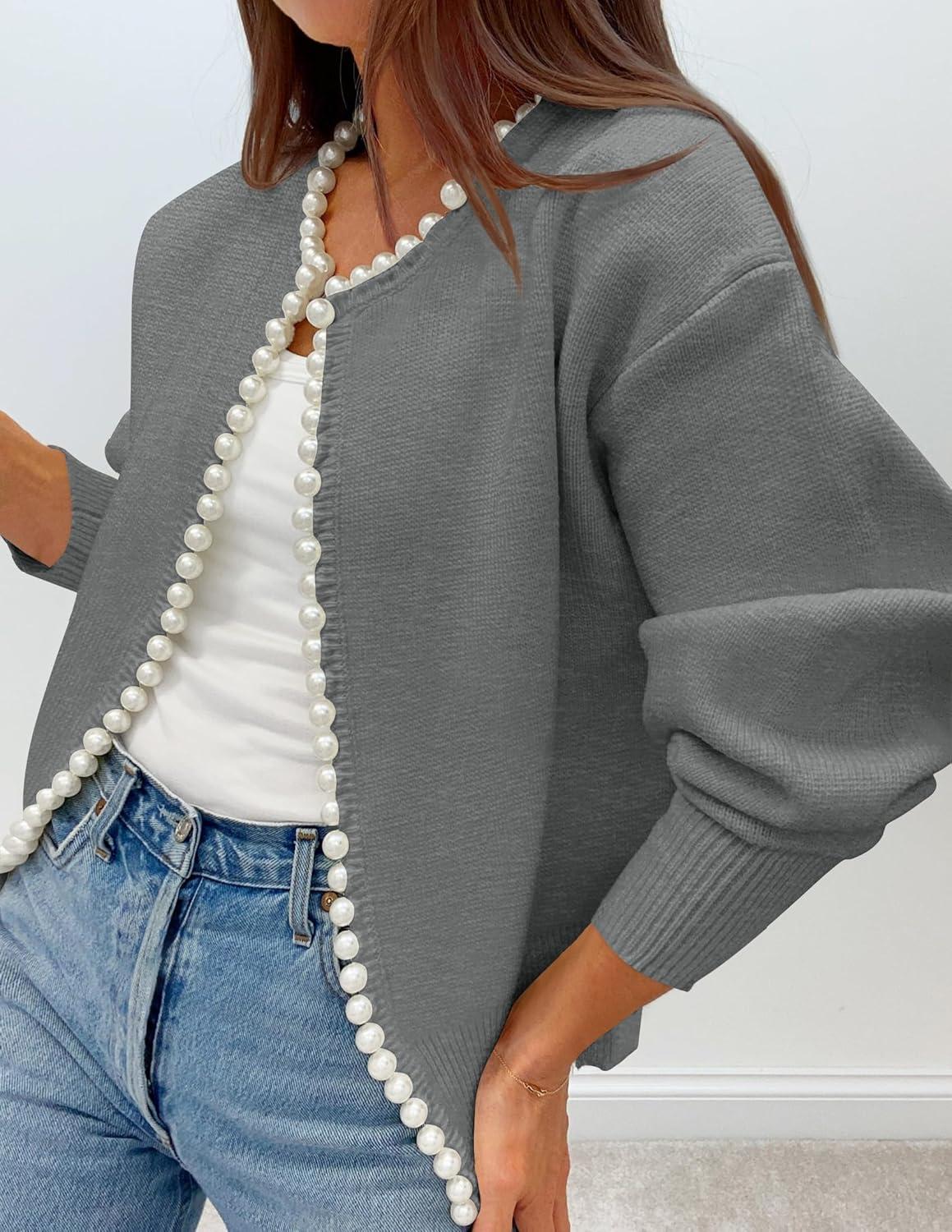 imageZESICA Womens Open Front Cardigan Sweater 2026 Spring Casual Knitted Long Sleeve Pearls Trim Outerwear Coat Trendy ClothesGrey