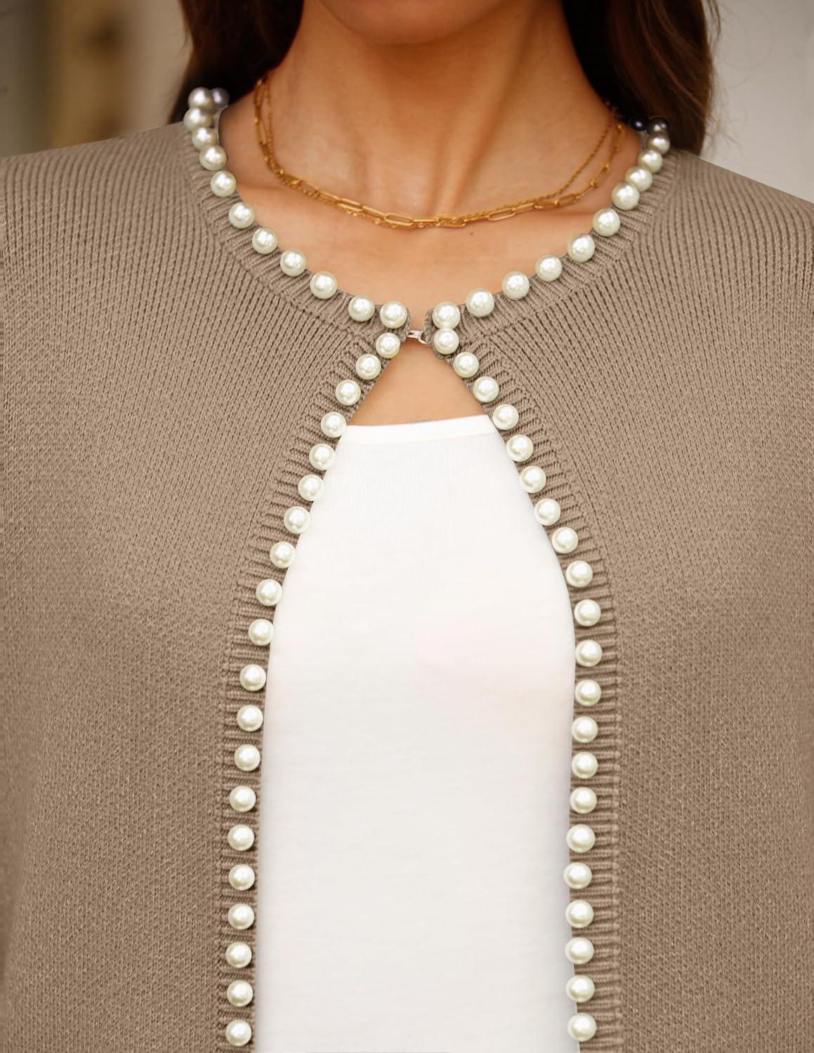 imageZESICA Womens Open Front Cardigan Sweater 2026 Spring Casual Knitted Long Sleeve Pearls Trim Outerwear Coat Trendy ClothesKhaki