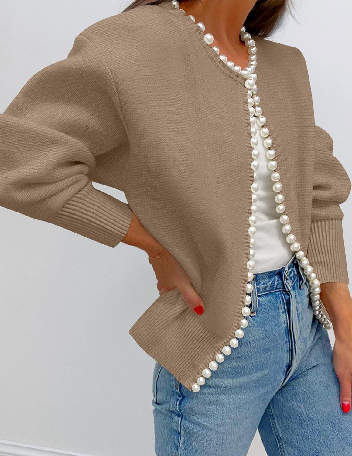 imageZESICA Womens Open Front Cardigan Sweater 2026 Spring Casual Knitted Long Sleeve Pearls Trim Outerwear Coat Trendy ClothesKhaki